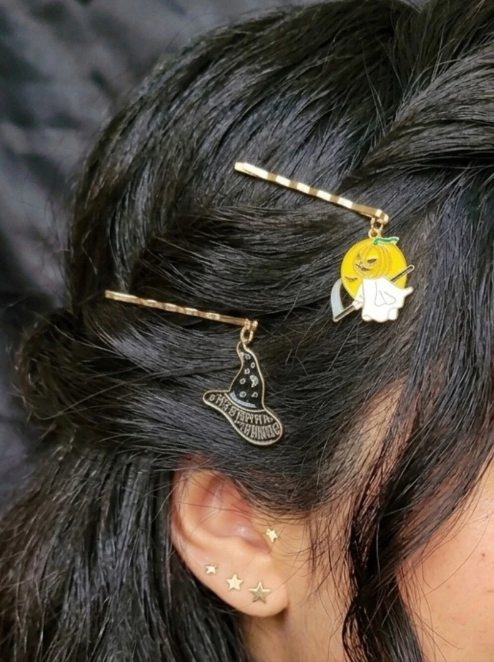 Gold Halloween Charm Hair Pins - Pumpkin & Witch Hat